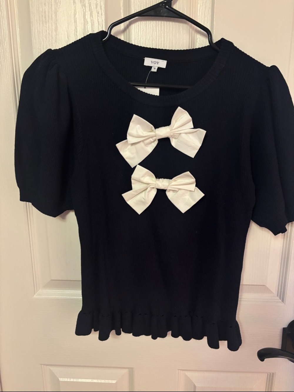 Voy Navy Blue Short Sleeve Top with White Bow Accents